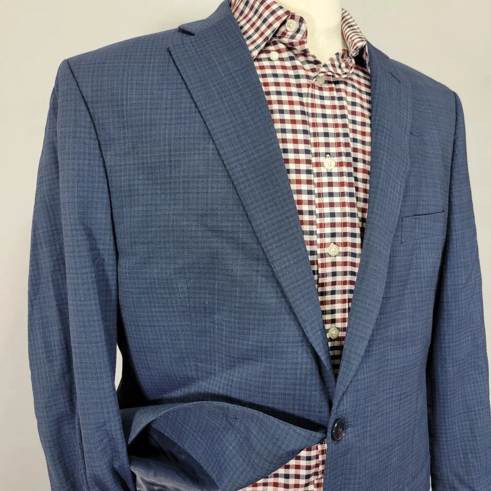 Calvin Klein Men's Sport Coat‎ Blazer Two Button Navy Blue Checked Wool Size 44R